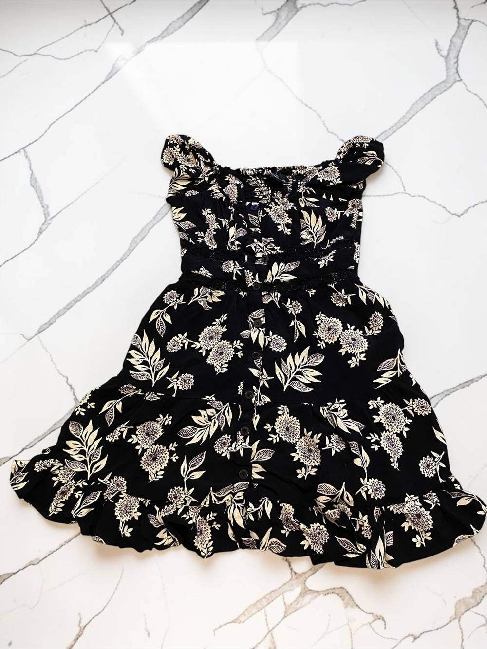 Angie Black Dress with Cream Floral Print